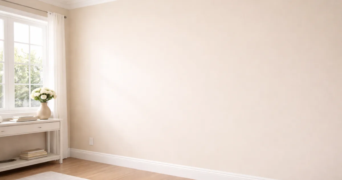 Freshly painted light beige wall in a bright empty room with white trim and a large window.
