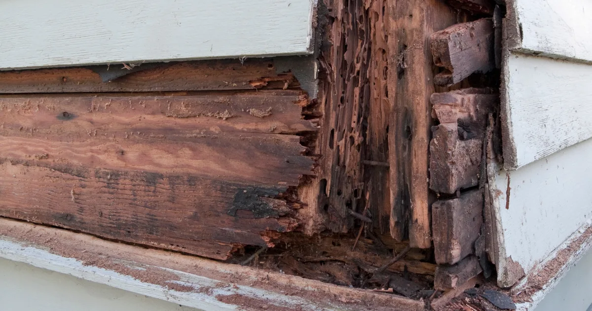 Close-up of extensive rot inside exterior wood trim and framing.