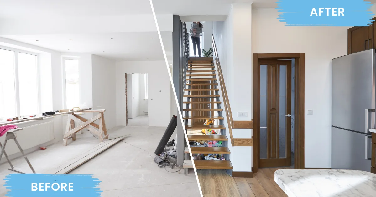 Before-and-after view of a home interior, from an unfinished renovation to completed wood stairs, trim, and flooring.