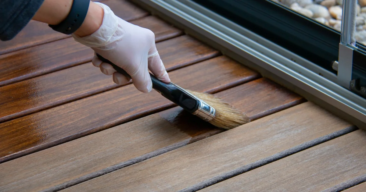 A gloved hand brushes brown stain onto wood deck boards beside a metal railing.