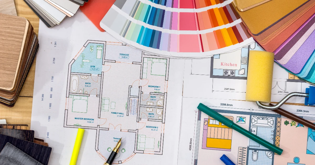 Whole-house painting plan with floor plans, color swatches, wood samples, and painting tools.