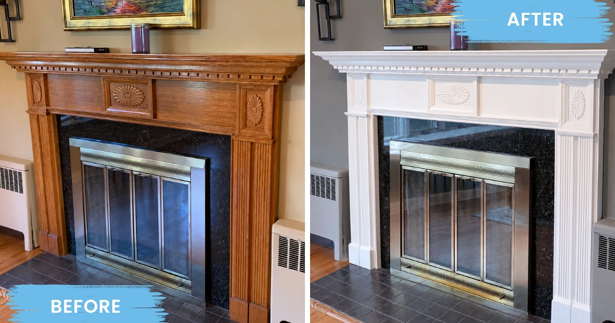 Wood fireplace mantel before and after being painted white.