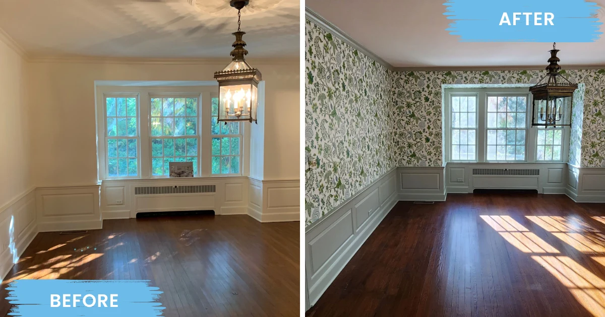 Dining room before and after wallpaper installation and trim painting.