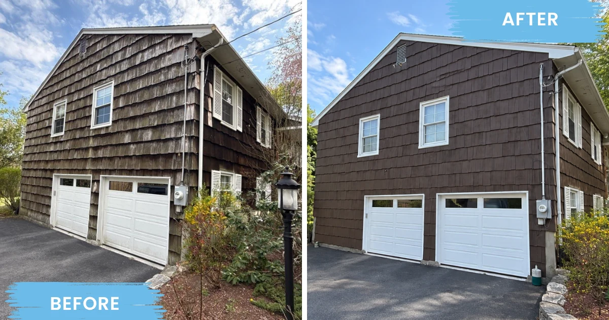 Weathered wood-shingle home exterior before and after cleaning and refinishing.