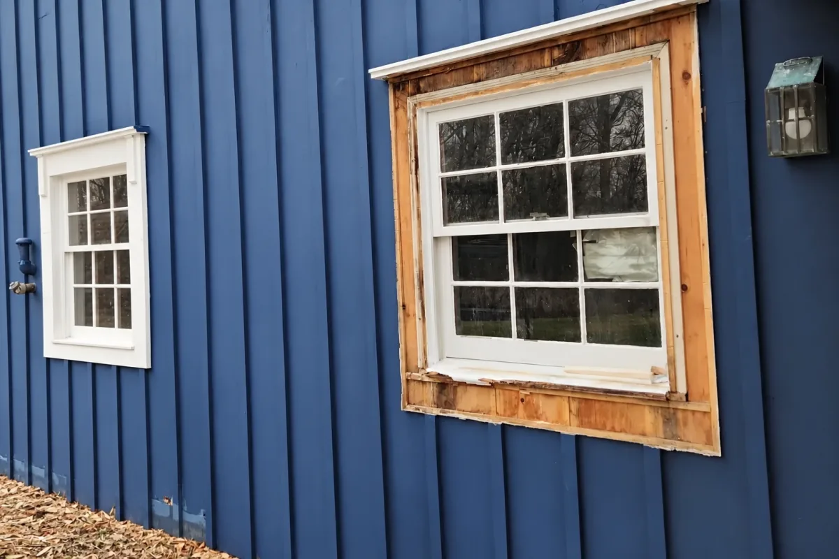 Blue board-and-batten exterior with wood trim exposed around a window during repair