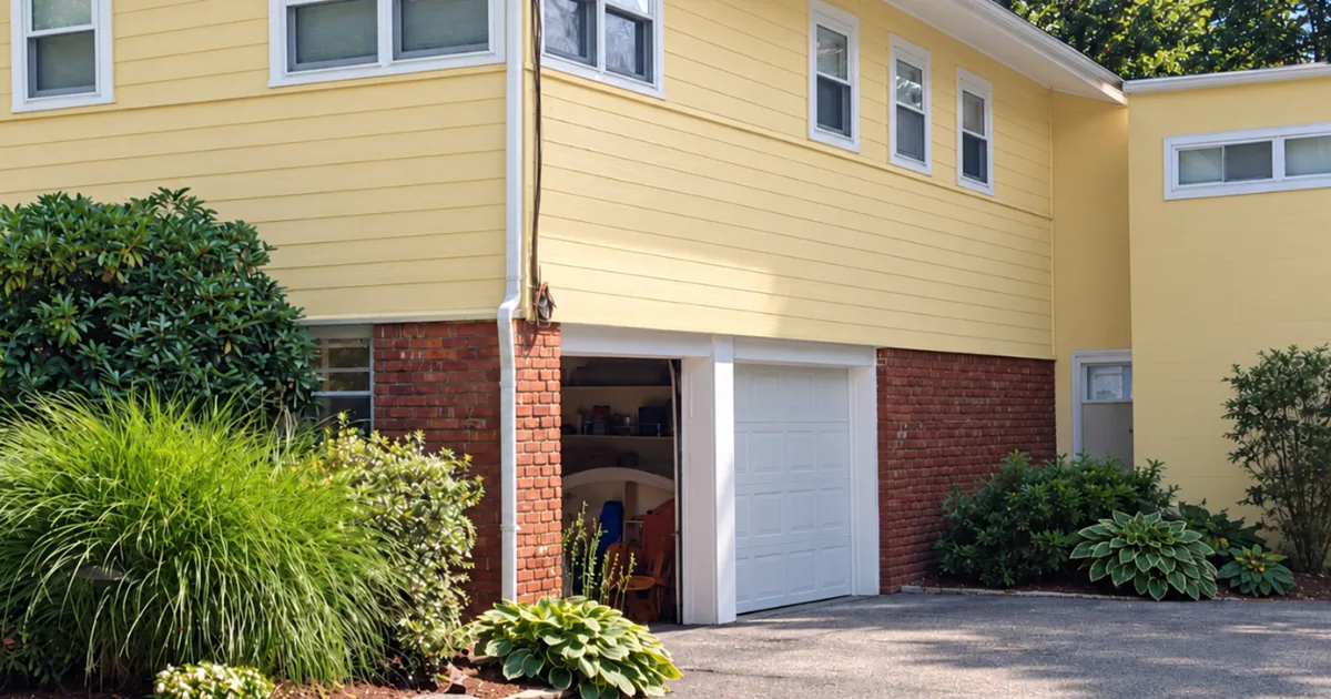 The same garage exterior after repainting in yellow with crisp white trim.