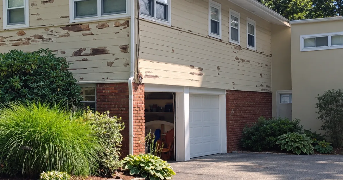 Garage exterior with peeling paint on the wood siding before repainting.