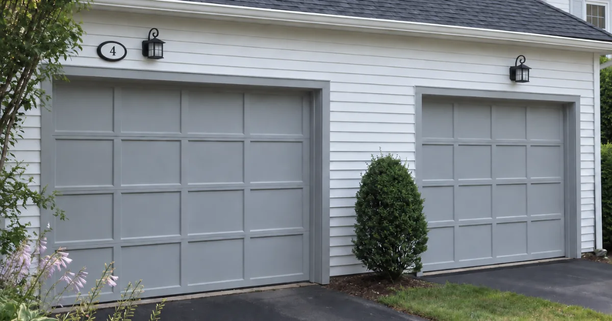 The same garage doors after painting in an even gray finish.