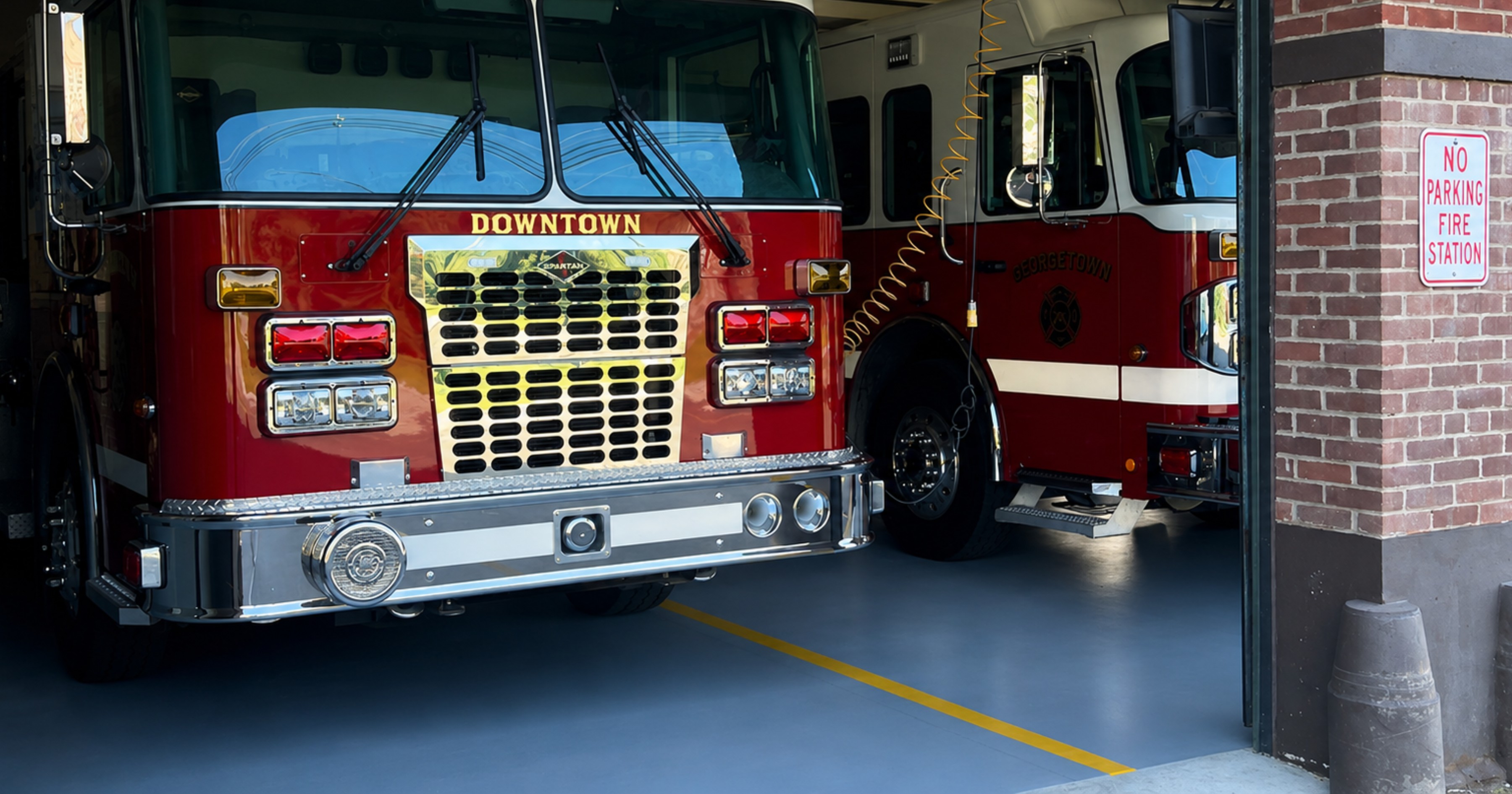Fire station apparatus bay after floor coating, with trucks parked on the new gray floor.