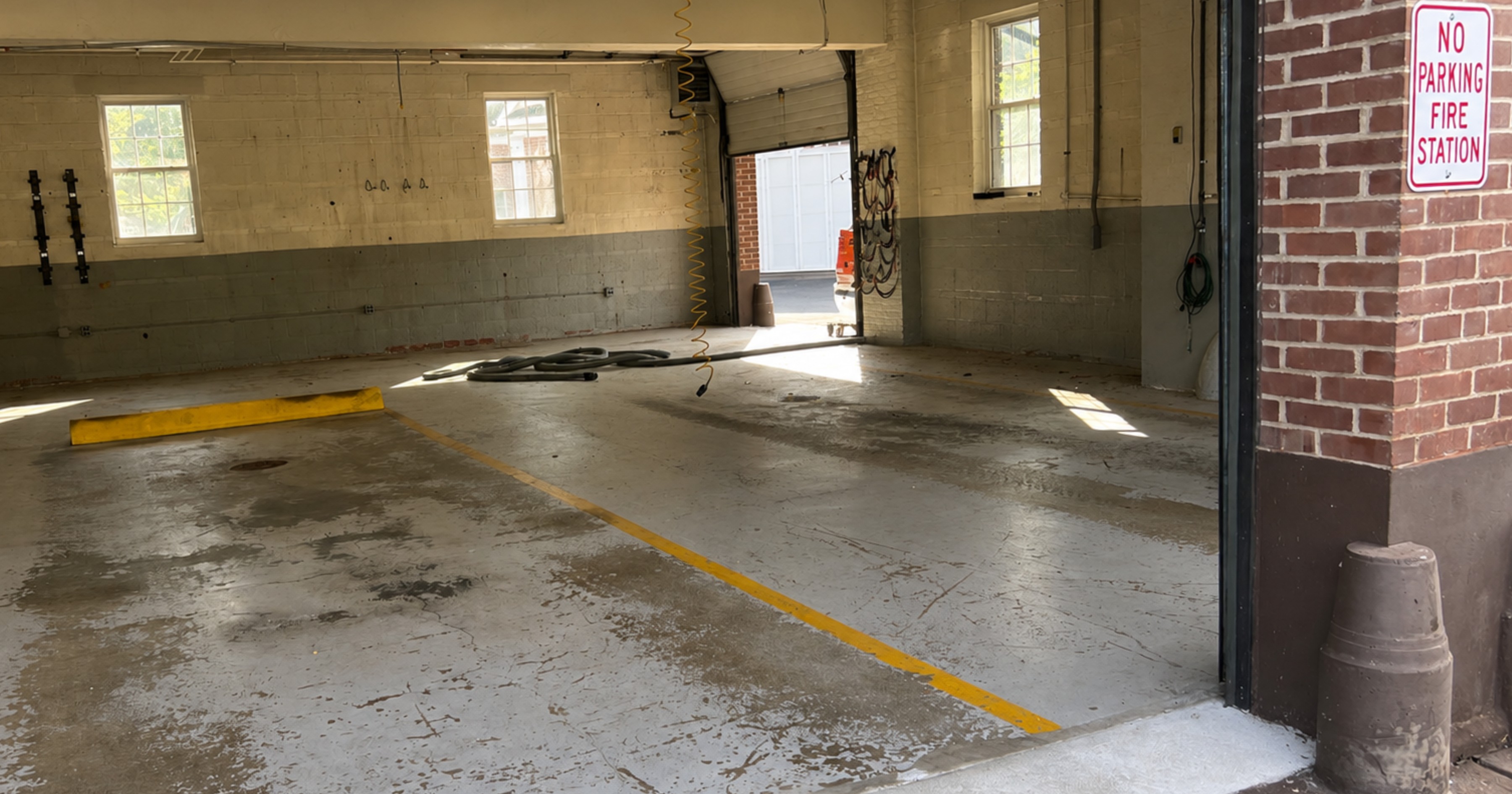 Fire station apparatus bay before floor coating, with stained and worn concrete.
