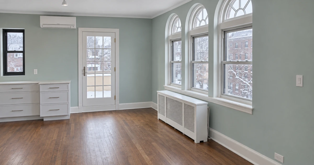 Pale-green room with white trim, arched windows, a glazed door, and a radiator cover