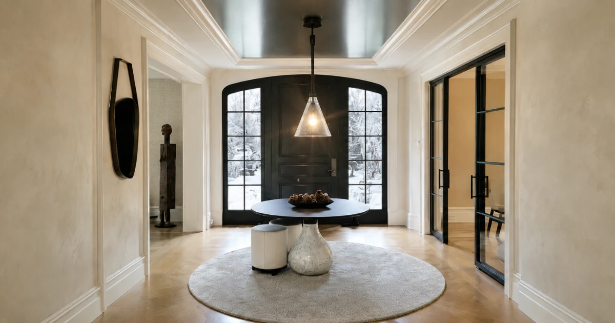 Entry hall with plaster-toned walls, white trim and doorways, a dark high-gloss tray ceiling, and a black arched front door